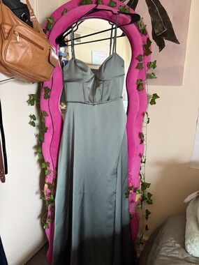 Sage Green Satin Spaghetti-Strap Prom Dress